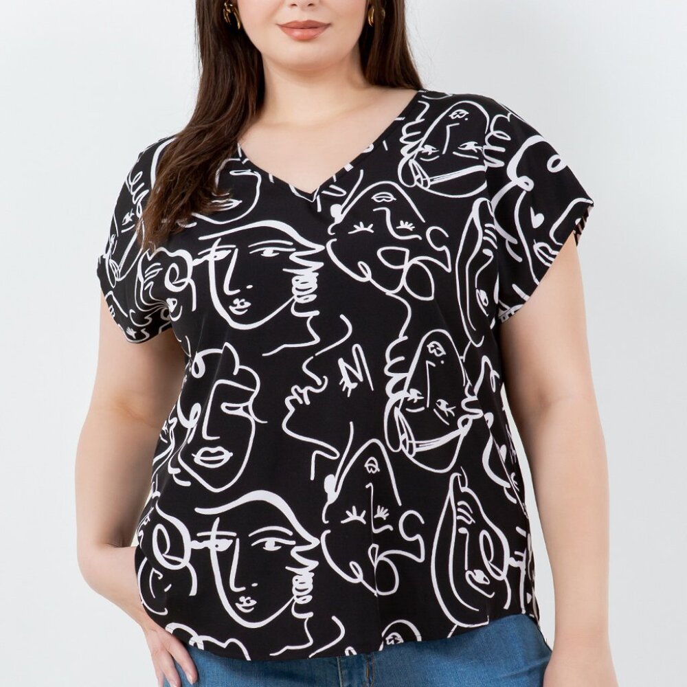 Print Top, short sleeve, plus size top, black color top, curves style